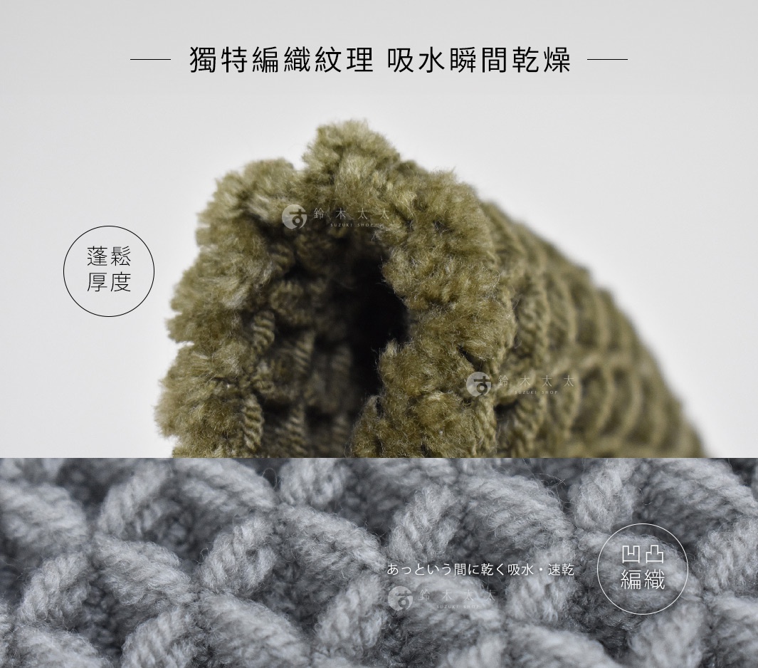 橄欖綠色鬆餅紋瞬乾吸水浴墊，材質厚實柔軟，展現獨特編織紋理。下方為灰色浴墊特寫，同樣為細緻編織紋路。