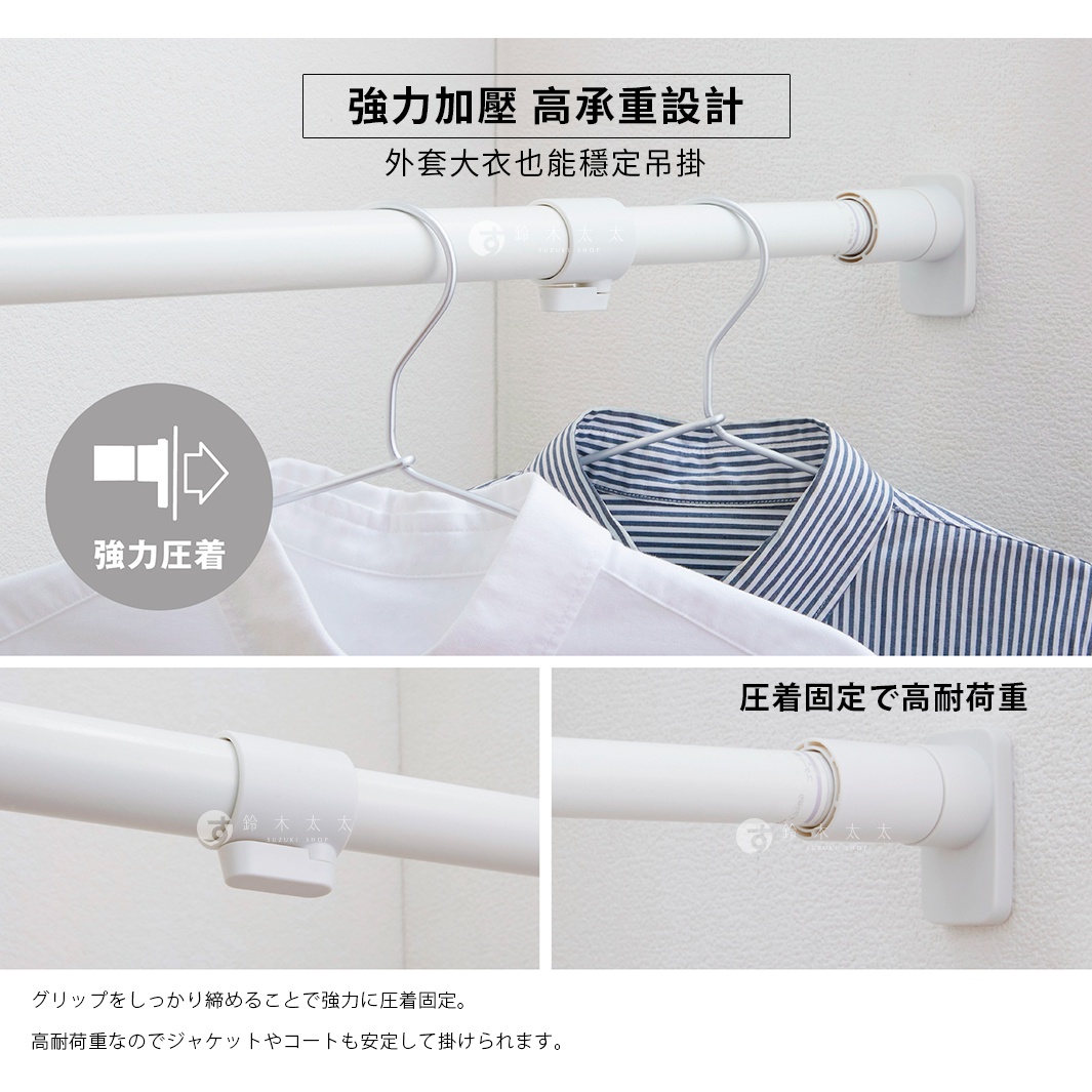 圖片文字：強力加壓高承重設計，外套大衣也能穩定吊掛，強力壓着，壓着固定で高耐荷重，握把確實鎖緊即可強力固定，因為高耐荷重，連夾克或大衣都能穩定懸掛。