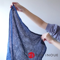 BAN INOUE 品牌圖示下有 BAN INOUE 的字樣，一張藍色紋理布料由一雙手撐開，背景為白色。