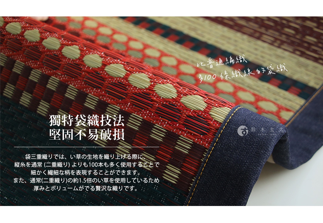 RALPH 藺草和風居家地墊，採用紅、米白、藍綠色條紋與圓點圖案交織，邊緣為深藍色牛仔布包覆，展現細膩的織品紋理。