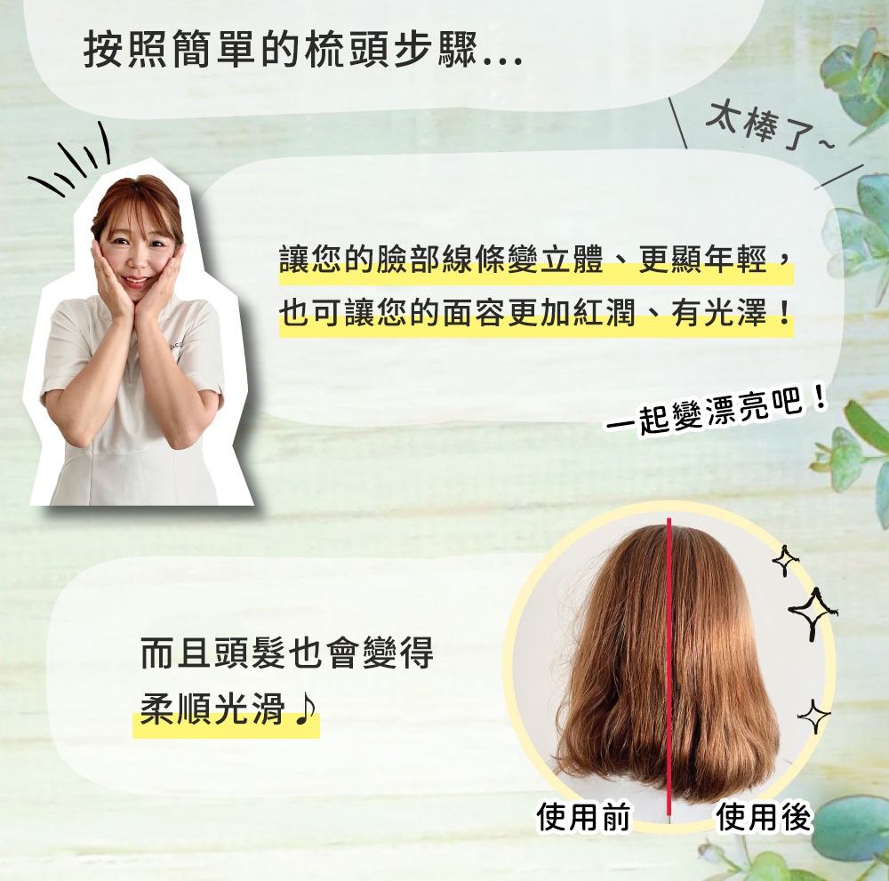 E.遠紅外線能量梳產品資訊圖，包含一位女性使用產品的示意圖，以及使用前後頭髮對比圖，強調產品的臉部和頭髮護理功效。