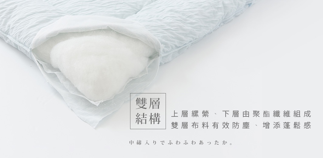 淺藍色舒芙蕾四季被，表面有細緻壓紋，露出部分填充物為蓬鬆白色棉絮，內裡為雙層布料結構，上層為縐紗，下層由聚酯纖維組成。