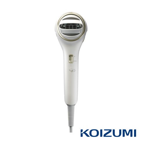 KOIZUMI 吹風機，具備 UP/DOWN 調節和 HOT/COOL/OFF 功能，白色機身搭配金色飾邊。