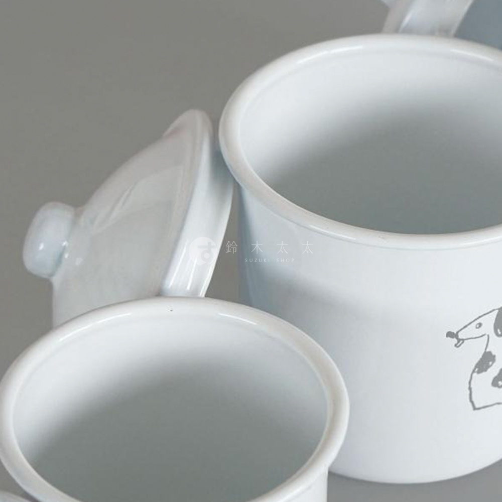 CAT&DOG 琺瑯儲物罐，白色，帶有狗的灰色插畫圖案，三件組，含蓋子。