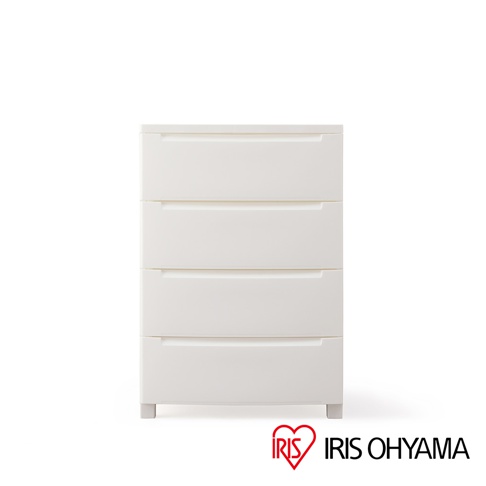 白色四層抽屜式組合收納櫃，由塑膠材質製成，設計簡潔，帶有四個無把手抽屜，抽屜面板上有凹槽設計，方便拉開。