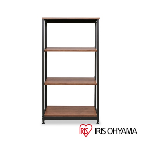 鐵木層架，四層寬型設計，黑色金屬框架搭配木紋色層板。