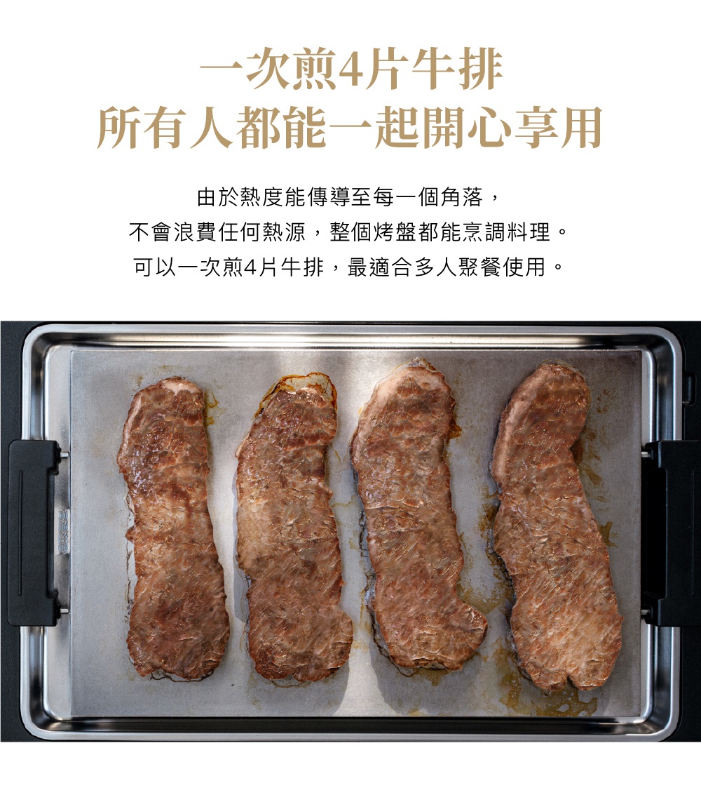 黑色電烤盤上鋪著烘焙紙，烤著四片金黃焦香的牛排，牛排表面有烤痕。