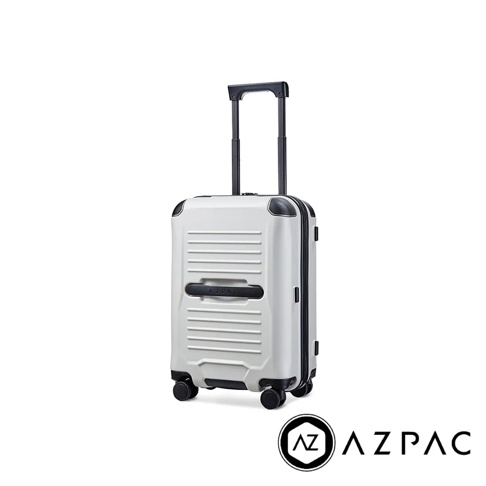 AZPAC Trucker 基本款 20吋旅行箱，白色硬殼材質，配備黑色拉鍊、伸縮拉桿及四個萬向輪。箱身正面有橫條紋和AZPAC Logo。