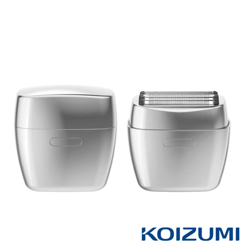 銀色的KOIZUMI五刃勁剃刀，左側為蓋上蓋子的樣子，右側為露出金屬剃鬚刀頭的樣貌，外觀呈現簡約的金屬質感設計，整體造型圓潤精緻。