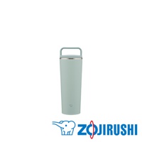 淺綠色不鏽鋼一體式杯蓋隨行保溫杯，附有可折疊提把，杯身光滑，底部有品牌標誌。