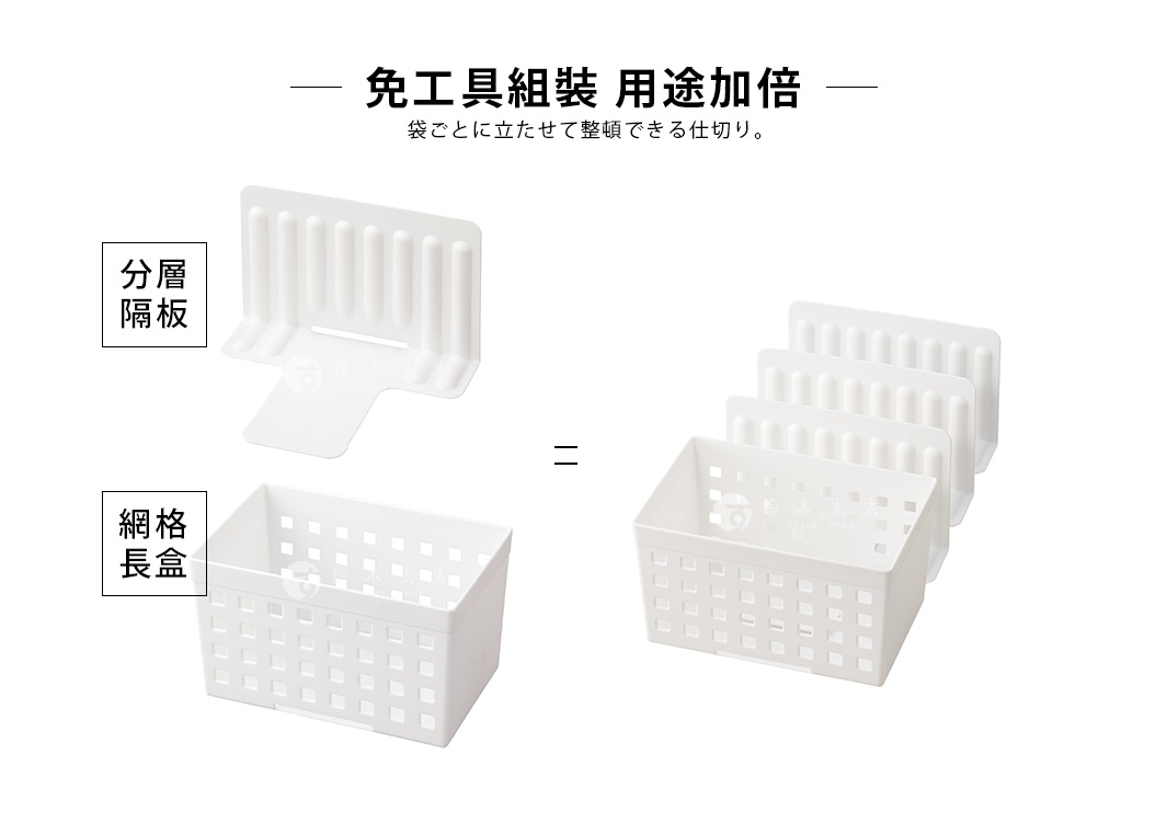 白色塑膠製的冷凍庫專用分層隔板，呈現長條狀，頂部有多條垂直分隔線。搭配同為白色網格狀的長方形收納盒，展示了單個收納盒及三個隔板與一個收納盒組合的樣貌。
