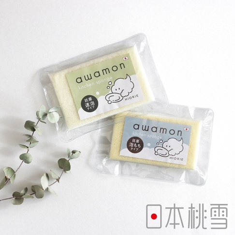 日本桃雪 awamon 抗菌洗碗海綿，一盒有兩種，分別為快速起泡型和泡泡綿軟型，包裝上有日文和可愛的卡通圖案。
