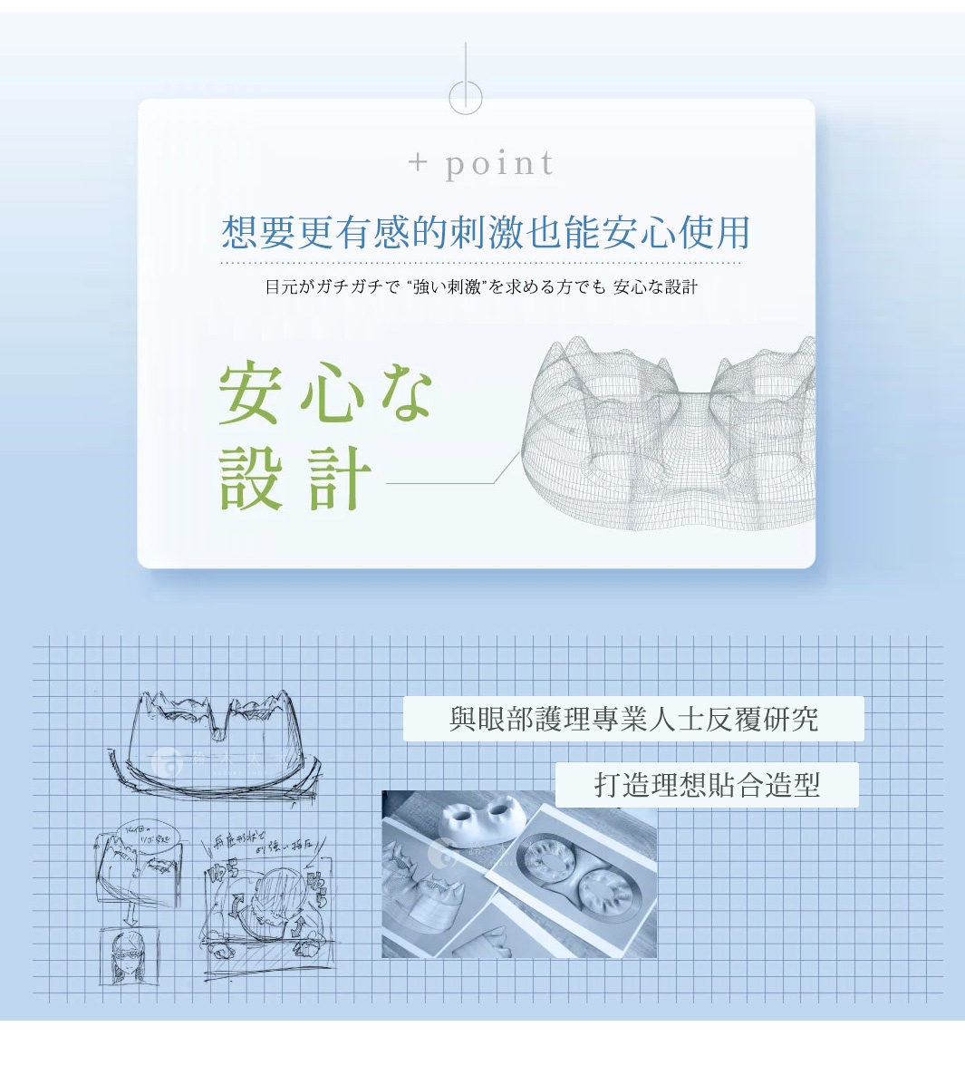 圖片文字：+ point 想要更有感的刺激也能安心使用 目元がガチガチで 強い刺激 を求める方でも 安心な設計 安心な設計 與眼部護理專業人士反覆研究 打造理想貼合造型