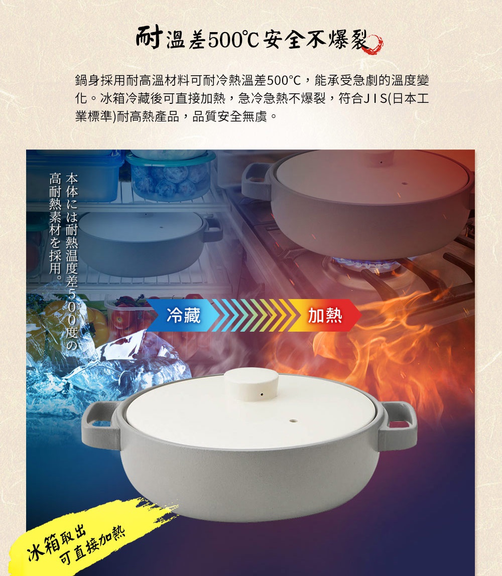 灰白色陶土湯鍋，鍋身有兩個提把，鍋蓋中央有圓形提把。產品強調耐溫差500°C，適合從冰箱取出後直接加熱。