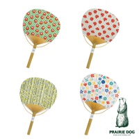 四款和布華日式風情團扇，竹柄設計，扇面分別為：綠底紅達摩圖案、白底紅魚鱗圖案、白底藍綠條紋與黃點圖案、白底多彩花卉圖案。