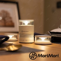松本素白LASMO Speaker燭光氣氛音響，圓柱形主體，頂部為透明燈罩，內有LED燈，底部為網狀喇叭，側面有MoriMori品牌標誌及控制按鈕。