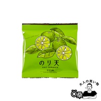 綠色包裝袋上繪有描邊的綠色柑橘類水果（類似柚子）和葉子圖案，上方有「treat with beer!」字樣。中央印有日文「のり天」、英文「nori tempura」及日文「すだち味」、英文「Sudachi Citrus Flavor」。