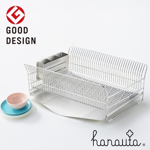 不鏽鋼碗碟架，附有可拆卸瀝水盤和餐具收納盒，設計簡約，適合擺放碗盤、杯子和餐具。