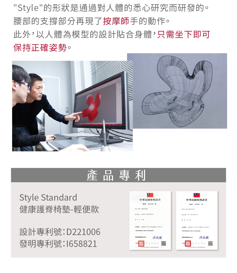 Style Standard 健康護脊椅墊-輕便款，設計專利號D221006，發明專利號I658821，多張專利證書。