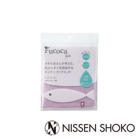 Fucoca. fish 今治純棉抗菌防臭廚房擦拭巾，白色魚形圖案，搭配紫色格紋，材質為100%純棉，包裝上有日文說明。