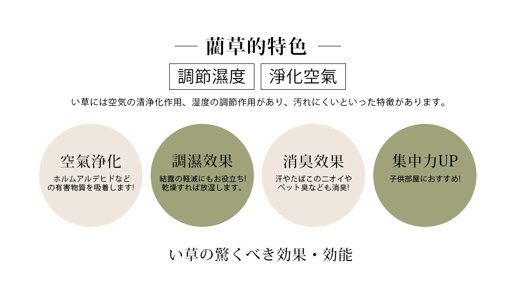 天然和風藺草紋織坐墊，材質為藺草，紋理細緻，可調節濕度、淨化空氣，另有消臭及提升專注力之效。