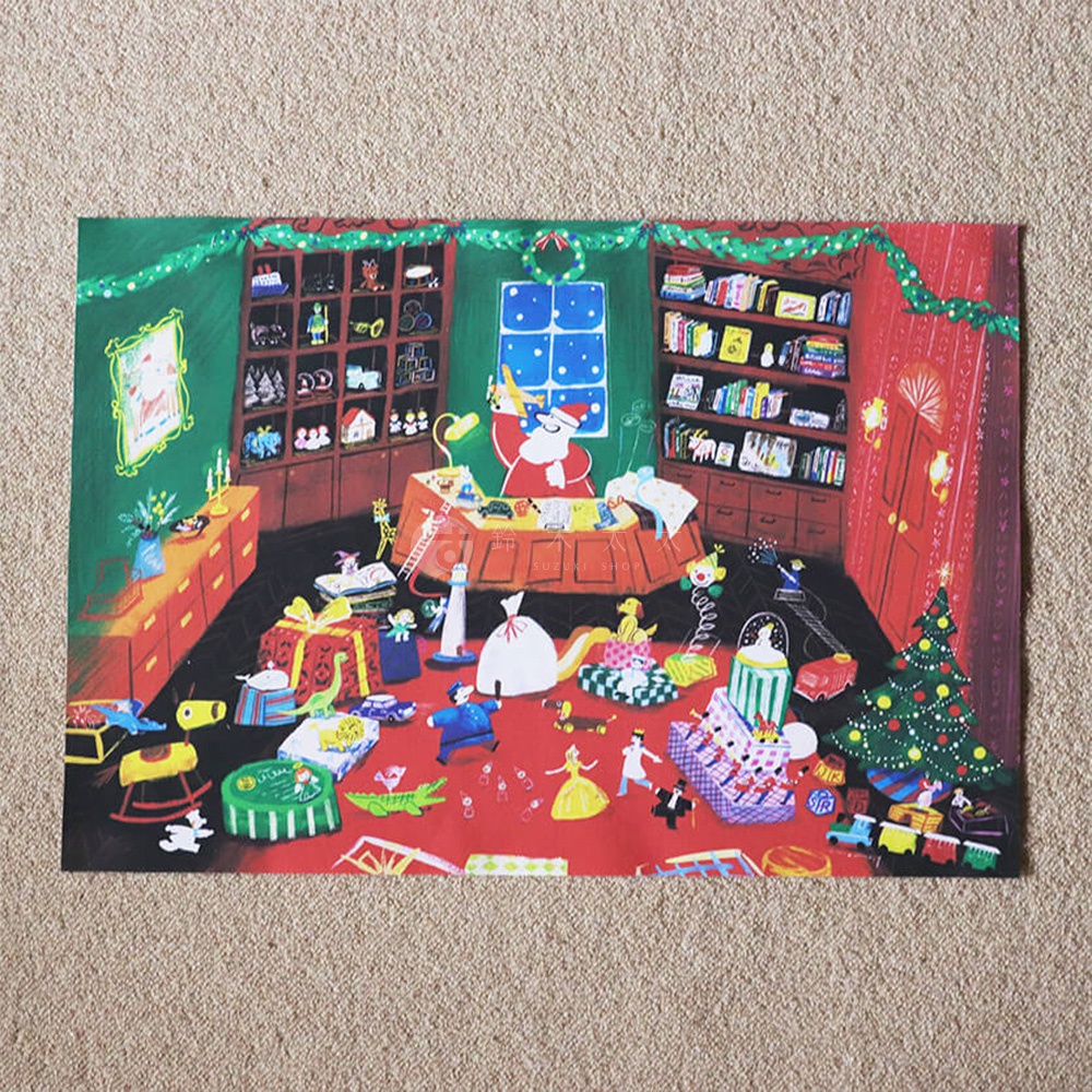 無框帆布藝術海報，描繪聖誕老人在堆滿玩具的聖誕老人工作室，他正坐在書桌前，周圍有禮物、玩具小人、聖誕樹和書架。