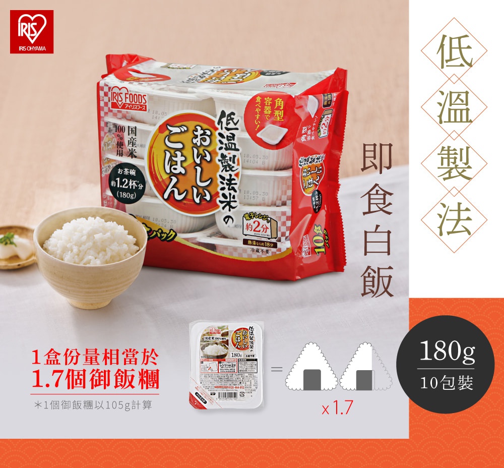 紅白色包裝的微波白飯，內含十包，每包180公克。包裝上有日文產品說明，並展示一碗裝有白飯的陶瓷碗。