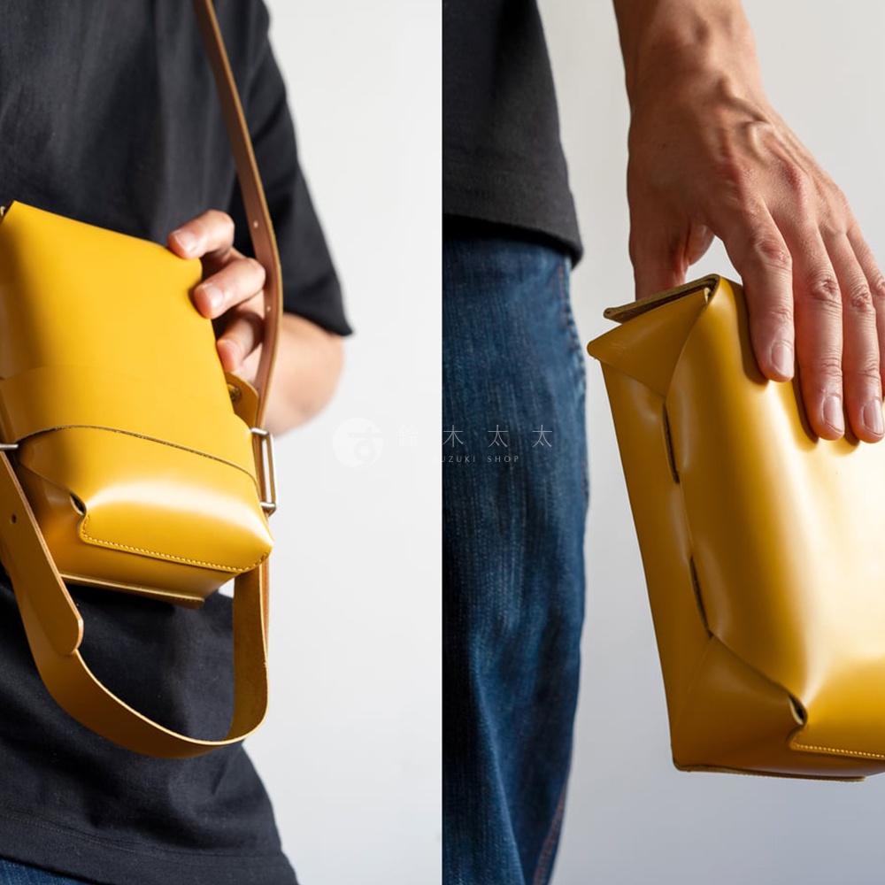 FABRIK 皮革可拆式多用途迷你斜背包，左圖為黃色款斜背於肩上，右圖為黃色款手持展示