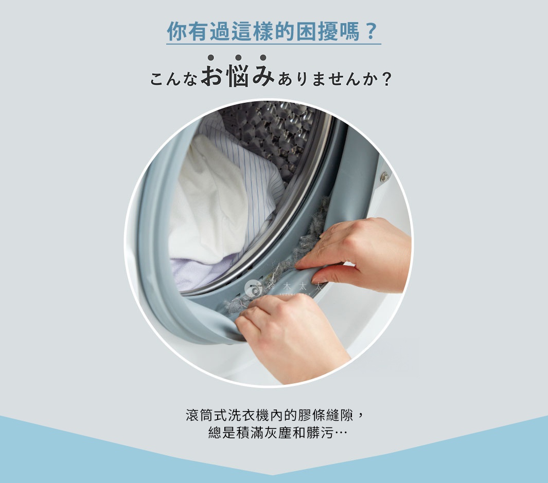 一雙手正在清潔滾筒洗衣機門封膠圈的灰色清潔條，膠圈內有灰塵和毛絮。