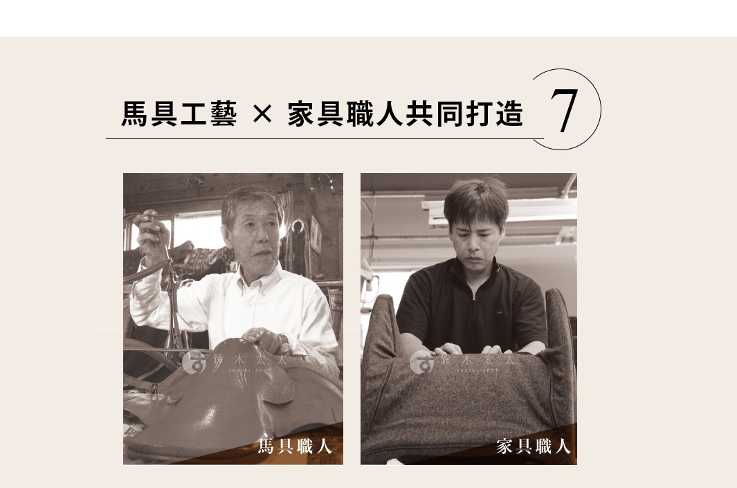 一張以復古米色為背景的圖片，上方標題為馬具工藝與家具職人共同打造，右側標示數字七。下方左右兩側並排呈現兩張黑白照片，左側為正在處理皮革的馬具職人，右側為專注於製作家具的職人，畫面強調兩項工藝的結合與匠人精神。