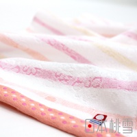 今治小花浴巾，採用柔軟棉質，織有粉色、橙色和黃色條紋，搭配白色底色，呈現清新風格。織物表面有精緻的粉色小花圖案。