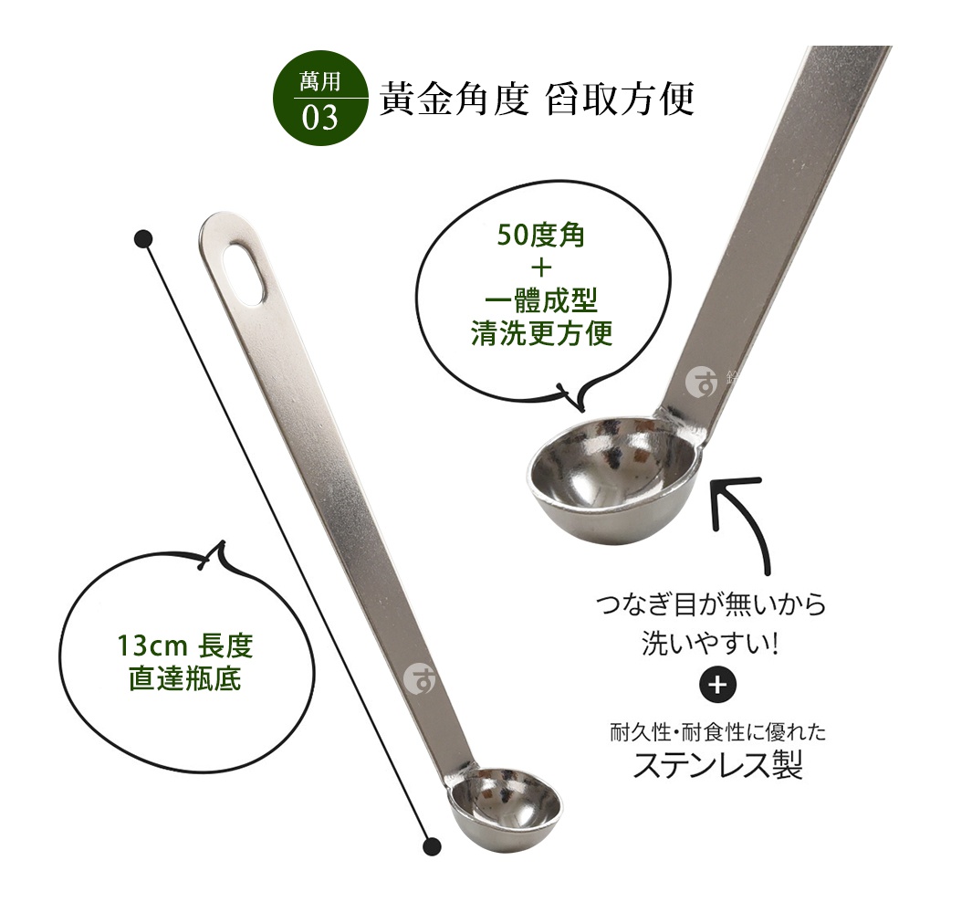 逸品物創不鏽鋼萬用醬料小勺，呈銀色，由不鏽鋼製成。勺柄修長，末端有圓形掛孔，勺頭為圓形，整體呈現簡約設計。圖片亦標示了產品的13公分長度、50度角設計以及易於清潔的特點。