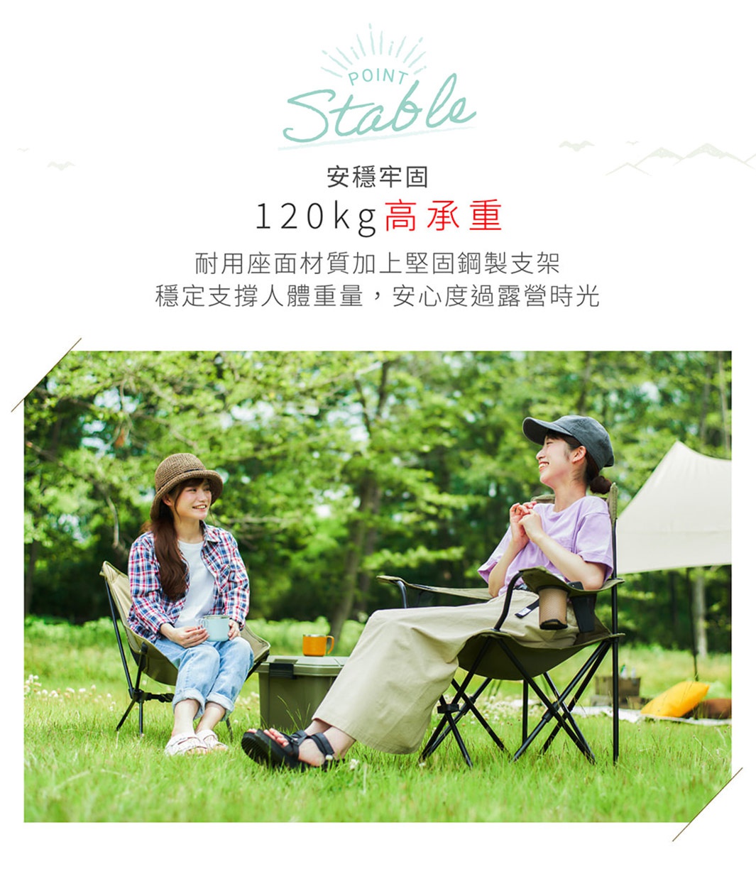 兩位女性坐在戶外草地上，一人坐在卡其色摺疊野餐椅，另一人坐在軍綠色摺疊野餐椅，椅子皆為高款設計，可見堅固的鋼製支架。