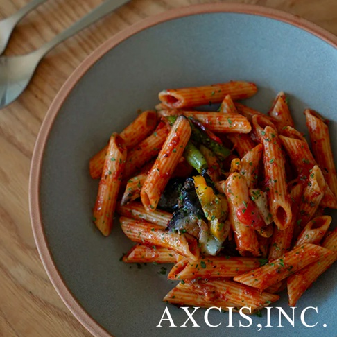 PURE 素燒百搭陶瓷義大利麵盤，呈現細緻紋理的灰色圓盤，盛著充滿醬汁的筆管麵及蔬菜。