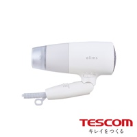 白色輕巧吹風機，設有可調式開關，機身印有elims字樣，底部有TESCOM品牌標誌。