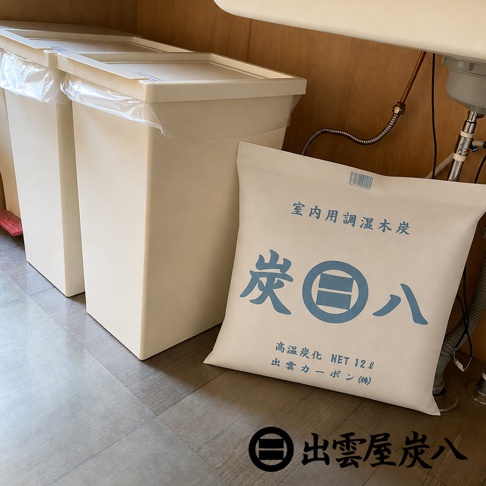 擺放在室內地板上的米白色方形出雲屋炭八室內調濕木炭大包裝，其表面印有藍色的品牌名與規格說明，旁邊並排放置兩個白色的塑膠垃圾桶，背景為木質牆面與下方隱約可見的水槽管線。