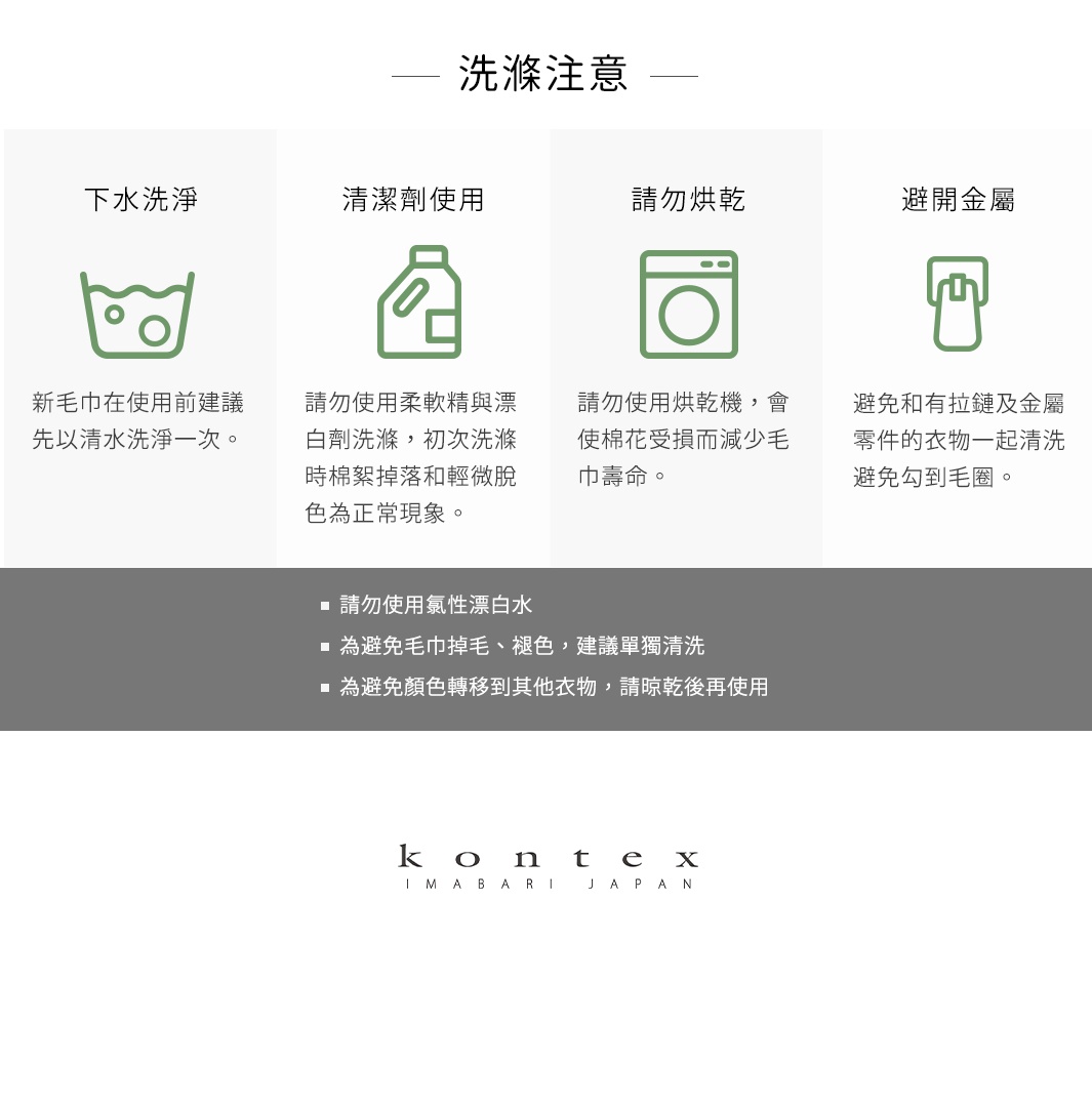 圖片文字：洗滌注意。下水洗淨：新毛巾在使用前建議先以清水洗淨一次。清潔劑使用：請勿使用柔軟精與漂白劑洗滌，初次洗滌時棉絮掉落和輕微脫色為正常現象。請勿烘乾：請勿使用烘乾機，會使棉花受損而減少毛巾壽命。避開金屬：避免和有拉鍊及金屬零件的衣物一起清洗，避免勾到毛圈。請勿使用氯性漂白水。為避免毛巾掉毛、褪色，建議單獨清洗。為避免顏色轉移到其他衣物，請晾乾後再使用。KONTEX IMABARI JAPAN