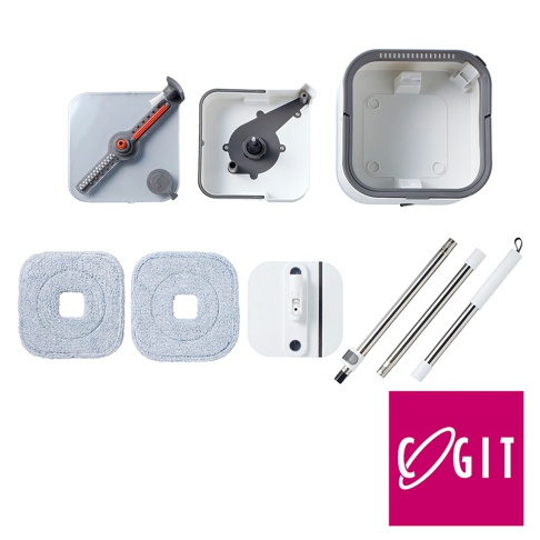 這是一張由上而下俯視拍攝的COGIT品牌360度旋轉汙水分離清潔拖把零件分解圖，包含方形拖把桶組件、兩個方形藍色替換拖把布、方形拖把頭底座，以及三節可組裝的金屬伸縮桿，右下角則標示有白色的COGIT品牌商標。