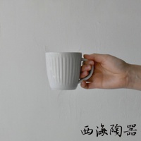 手持一個灰白色、帶有垂直紋路的陶瓷馬克杯，杯身呈圓柱形，有單個提把。