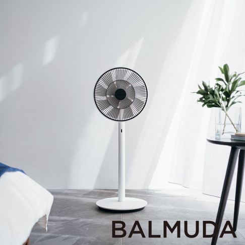 The GreenFan 風扇，白色直立式設計，黑色扇網，簡約現代，擺放於室內空間。
