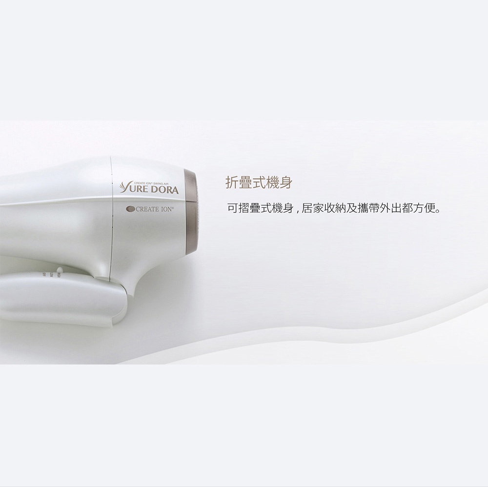 白色可折疊負離子吹風機，機身光滑，帶有品牌標誌和控制按鈕。