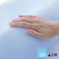 一隻手輕柔地放在淺藍色的「王樣の舒涼枕」上，枕頭表面光滑，材質看起來柔軟。