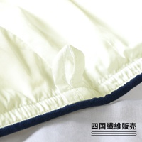 米白色雲絨被特寫，露出邊緣的深藍色滾邊和一個固定環，被子表面有細緻的縫線和絎縫紋理，材質看起來柔軟蓬鬆。