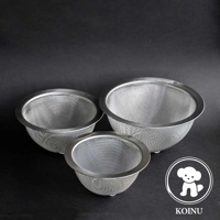 三個不鏽鋼濾水網，網孔細緻，盆沿為加寬的金屬邊緣，呈現銀色金屬光澤，背景為黑色。