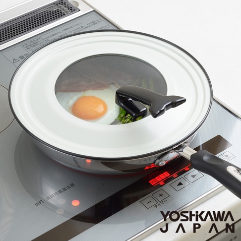 可立式強化玻璃鍋蓋，帶有黑色防燙把手，鍋蓋中央有蒸氣孔。