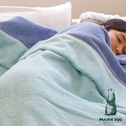 一位女性蓋著今治純棉翻轉色彩雙股紗單人毯，毯子呈現柔和的藍色與淺綠色漸層，質地柔軟蓬鬆。