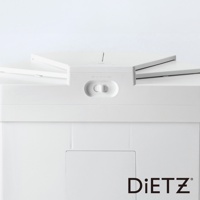 白色30公升DustBox30自動感應靜音垃圾桶，配有可開合的頂蓋和一個標示「OFF」、「IN」、「OUT」的開關旋鈕。