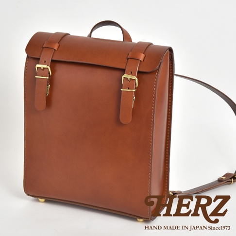 棕色皮革後背包，配有兩個金屬搭扣的翻蓋設計，風格簡約，材質厚實，適合日常攜帶。