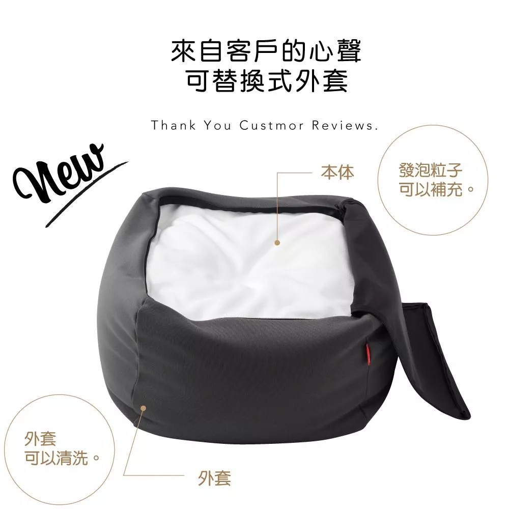 一張展示日本hanalolo寵物正方形懶骨頭的產品說明圖，圖片中央為灰色針織布款的懶骨頭，外層的深灰色布套部分掀開，露出內部的白色本體，畫面標示出本體可以補充發泡粒子，外層的灰色針織布套則是可以拆下清洗的設計。