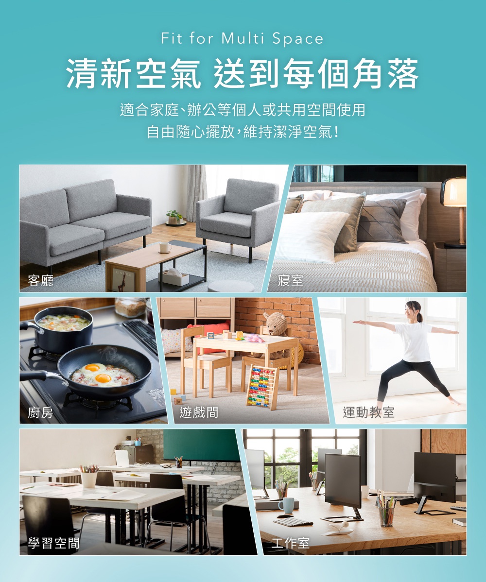 高效率/情境式空氣清淨機 IAP-A35 的廣告圖，展示了產品適用於客廳、臥室、廚房、遊戲間、運動教室與工作室等多種情境。